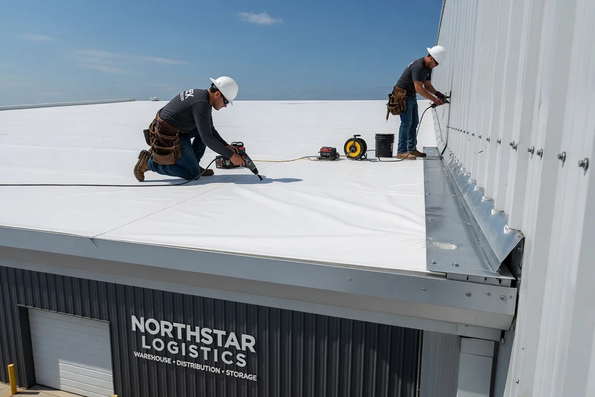 Commercial roofing crew installing and repairing a white flat roof membrane