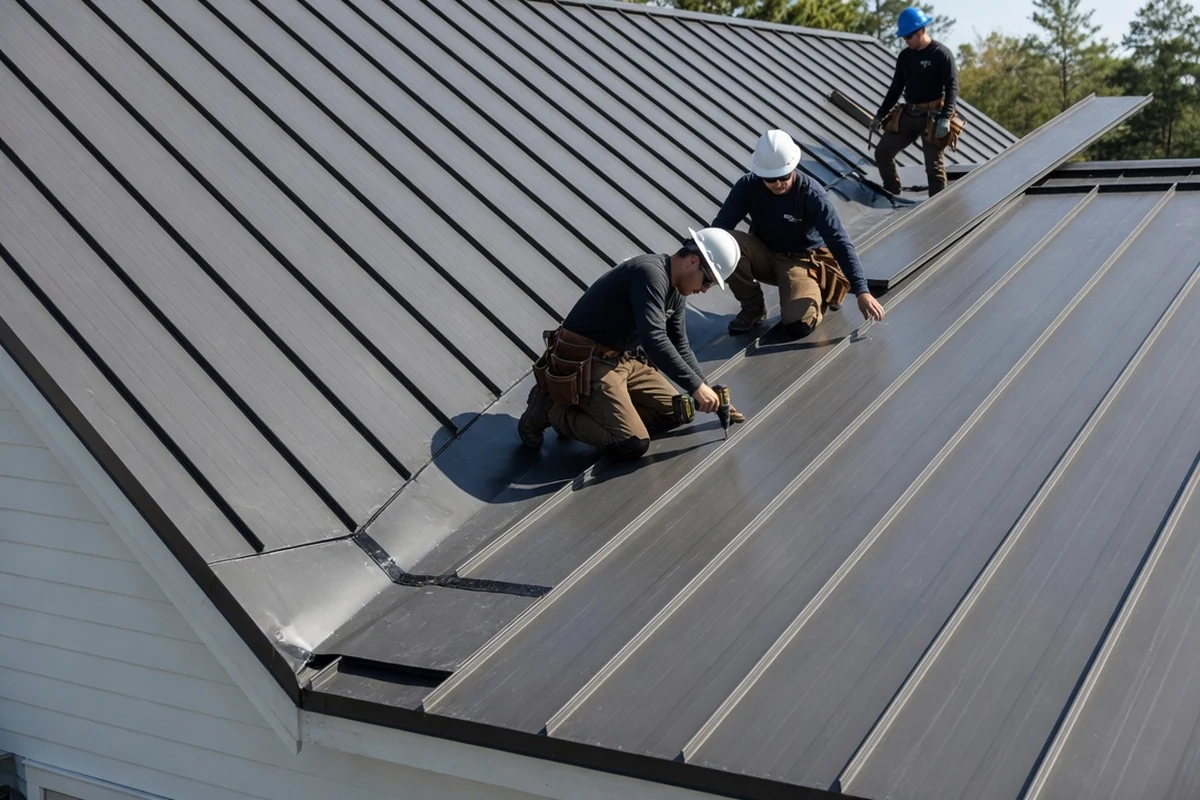 Roofing crew installing standing seam metal roofing panels