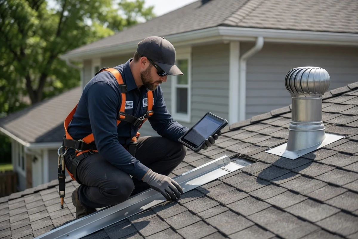 Roof inspector examining shingles flashing and roof ventilation with a tablet