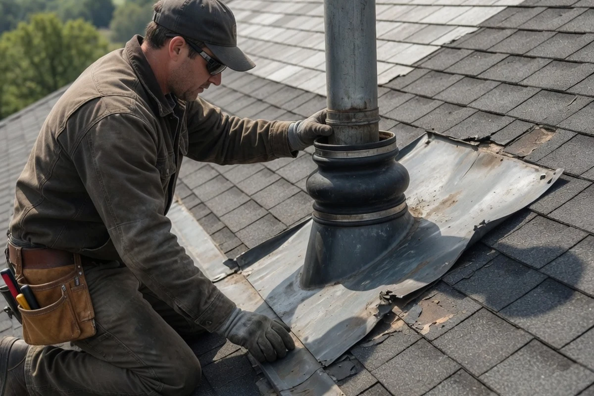 Roofing professional repairing damaged flashing around a roof penetration